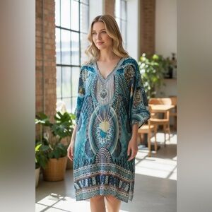 Sheilay Peacock Blue Pattern Kaftan Dress Resort Beach Cover Up Oversized XL